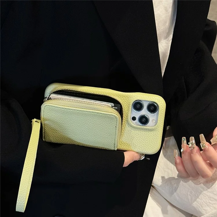 Für iPhone 15 Pro Hülle Reißverschluss Kartenfächer PU-Leder Handyschale mit Handgelenkschlaufe - Grün