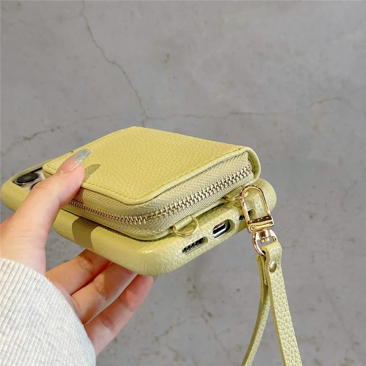 Für iPhone 15 Pro Hülle Reißverschluss Kartenfächer PU-Leder Handyschale mit Handgelenkschlaufe - Grün