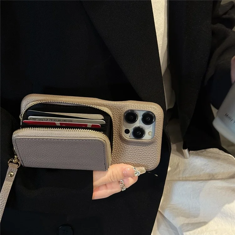 Für iPhone 16 Pro Max Hülle Reißverschluss Kartenfächer PU-Leder Handyhülle mit Handschlaufe - Grau