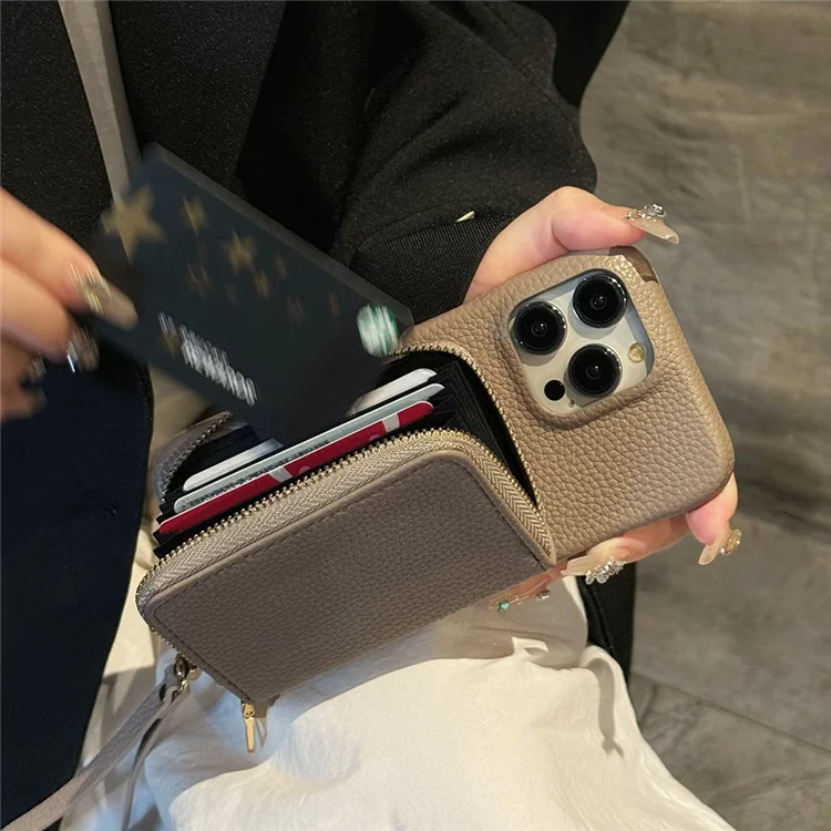 Für iPhone 16 Pro Max Hülle Reißverschluss Kartenfächer PU-Leder Handyhülle mit Handschlaufe - Grau