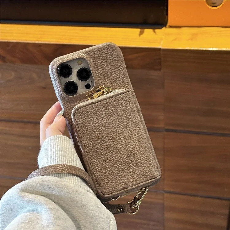 Für iPhone 16 Pro Max Hülle Reißverschluss Kartenfächer PU-Leder Handyhülle mit Handschlaufe - Grau