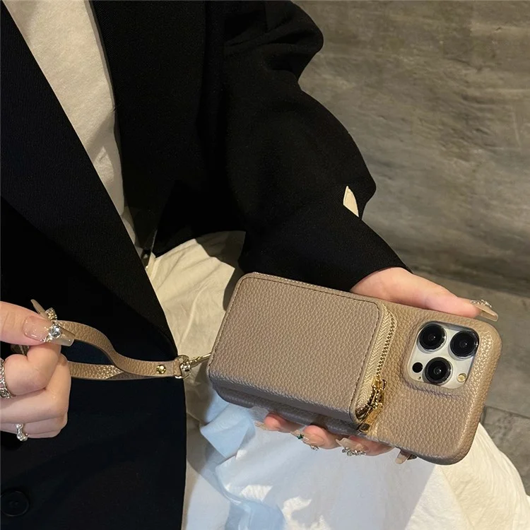 Für iPhone 16 Pro Max Hülle Reißverschluss Kartenfächer PU-Leder Handyhülle mit Handschlaufe - Grau