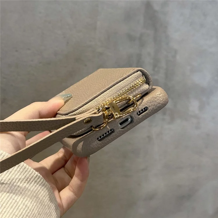 Für iPhone 16 Pro Max Hülle Reißverschluss Kartenfächer PU-Leder Handyhülle mit Handschlaufe - Grau