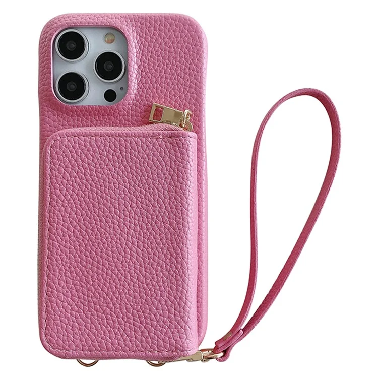 Custodia per iPhone 14 Pro Max con cerniera, slot per schede in pelle PU, cover posteriore del telefono con cinturino da polso - Rosa