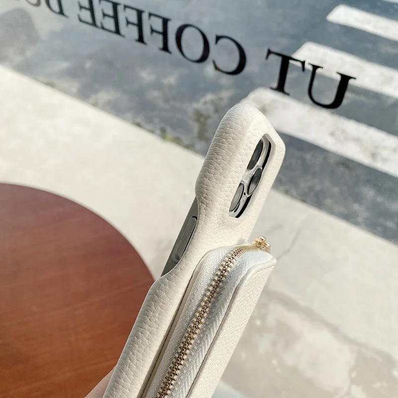For iPhone 14 Pro Max Case Zipper Card Slots PU Leather Phone Back Cover with Wrist Strap - White