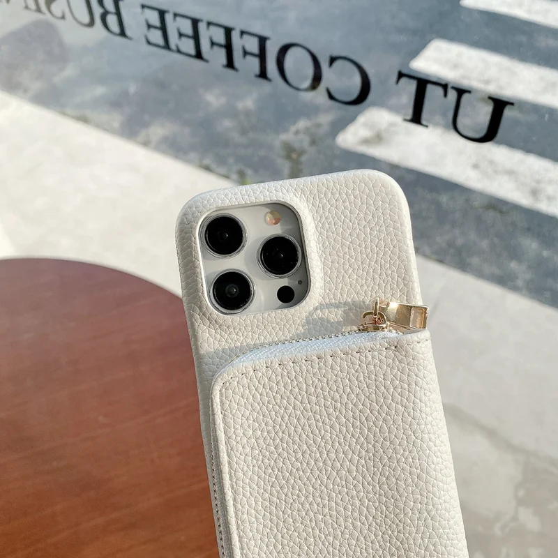 For iPhone 14 Pro Max Case Zipper Card Slots PU Leather Phone Back Cover with Wrist Strap - White
