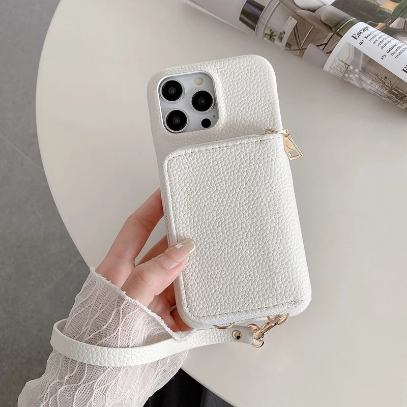 For iPhone 14 Pro Max Case Zipper Card Slots PU Leather Phone Back Cover with Wrist Strap - White