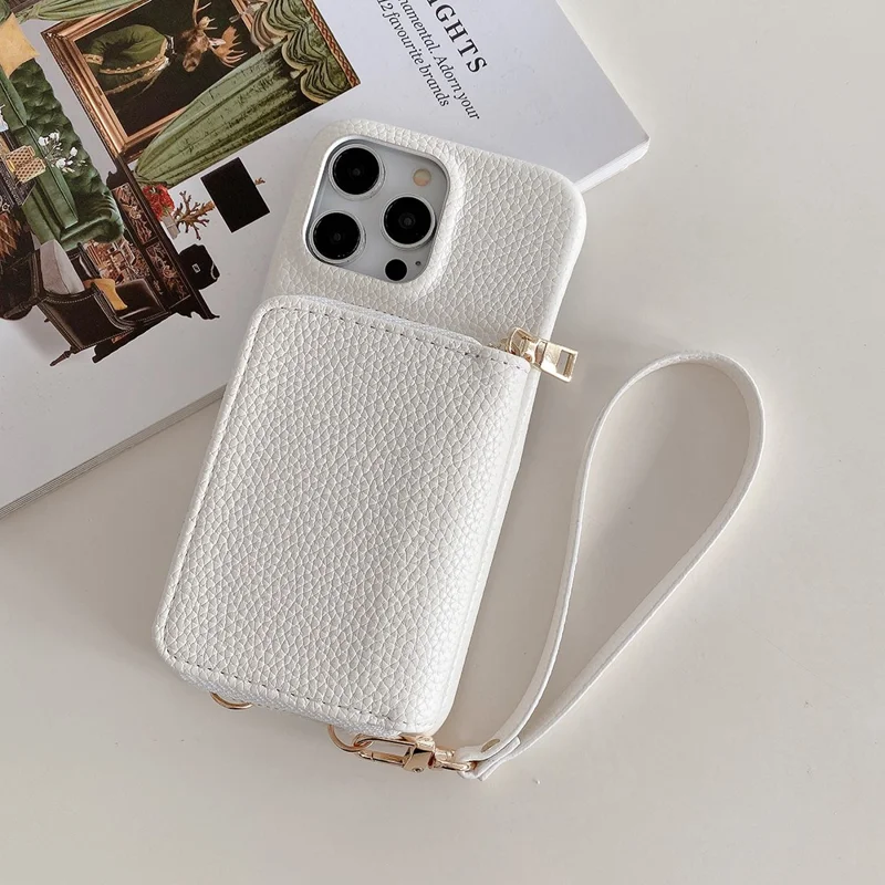 For iPhone 14 Pro Max Case Zipper Card Slots PU Leather Phone Back Cover with Wrist Strap - White