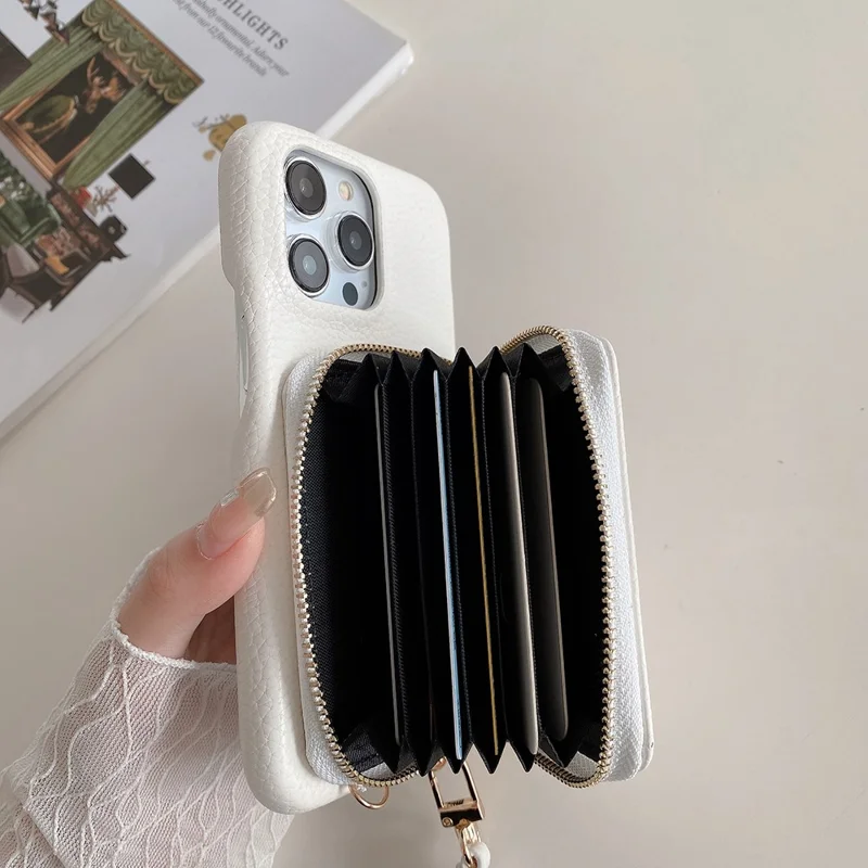 For iPhone 14 Pro Max Case Zipper Card Slots PU Leather Phone Back Cover with Wrist Strap - White