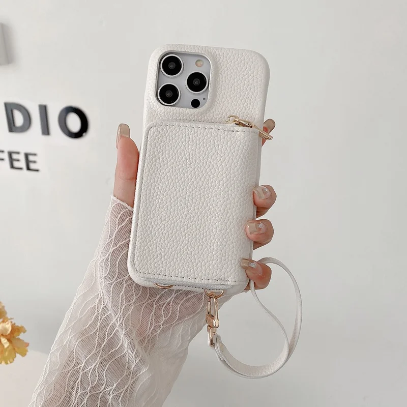 For iPhone 14 Pro Max Case Zipper Card Slots PU Leather Phone Back Cover with Wrist Strap - White