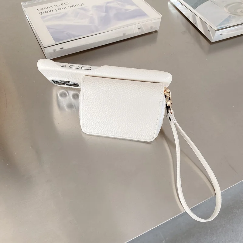 For iPhone 14 Pro Max Case Zipper Card Slots PU Leather Phone Back Cover with Wrist Strap - White