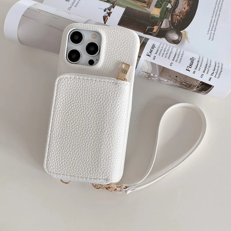 For iPhone 14 Pro Max Case Zipper Card Slots PU Leather Phone Back Cover with Wrist Strap - White