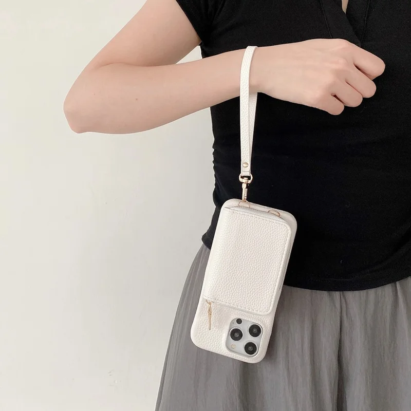 For iPhone 14 Pro Max Case Zipper Card Slots PU Leather Phone Back Cover with Wrist Strap - White