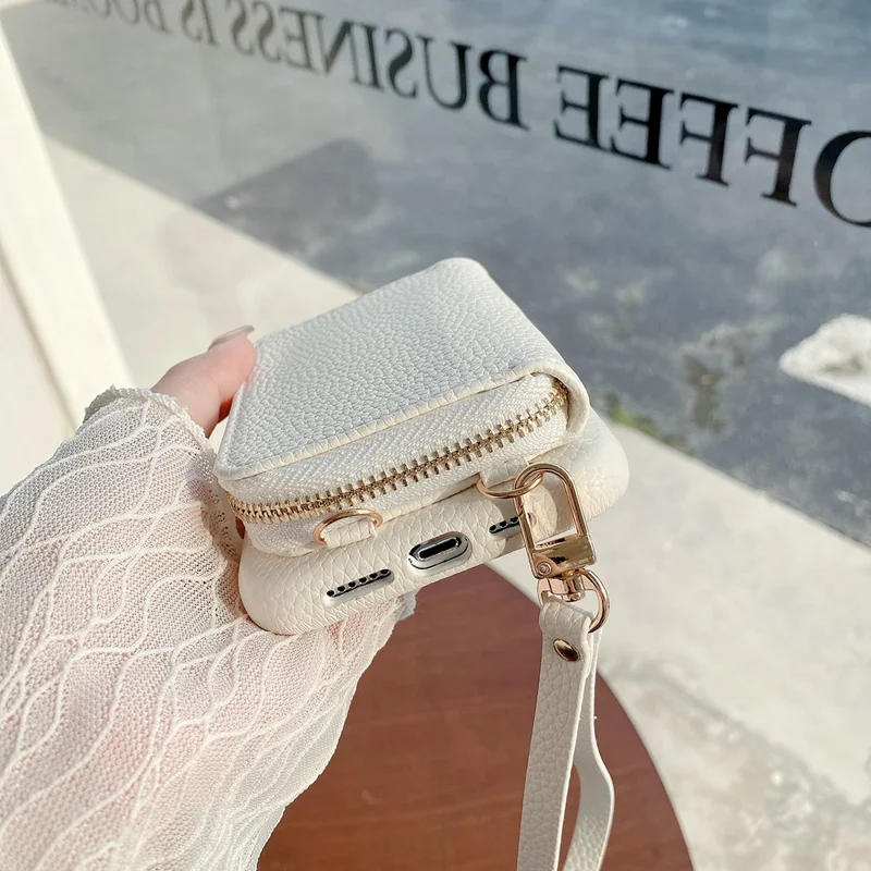 For iPhone 14 Pro Max Case Zipper Card Slots PU Leather Phone Back Cover with Wrist Strap - White