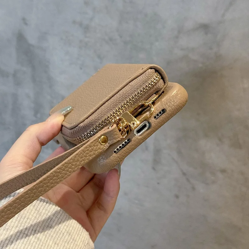 For iPhone 14 Pro Max Case Zipper Card Slots PU Leather Phone Back Cover with Wrist Strap - Light Brown