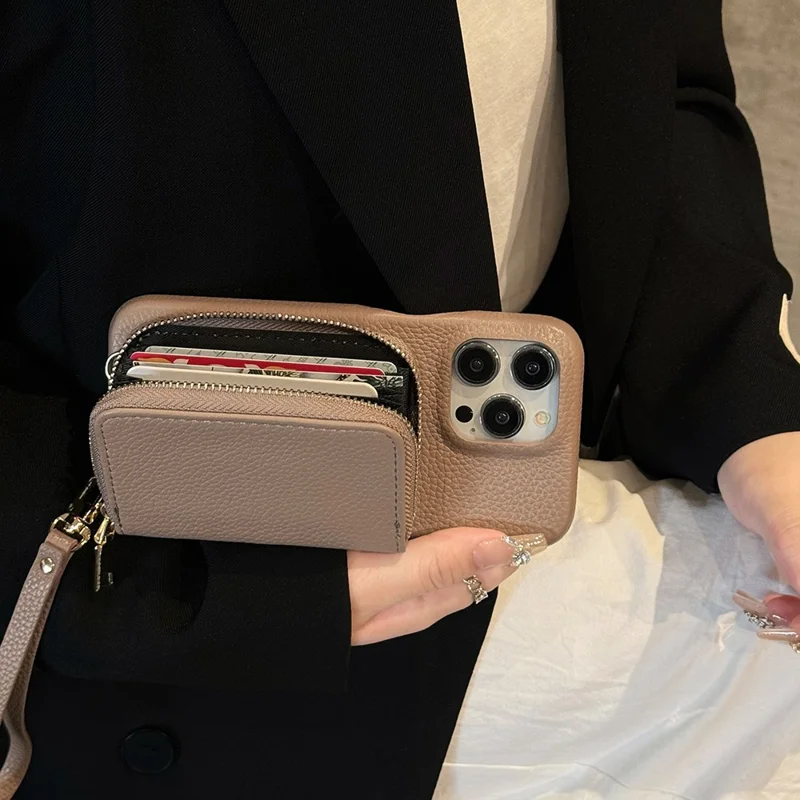 For iPhone 14 Pro Max Case Zipper Card Slots PU Leather Phone Back Cover with Wrist Strap - Light Brown