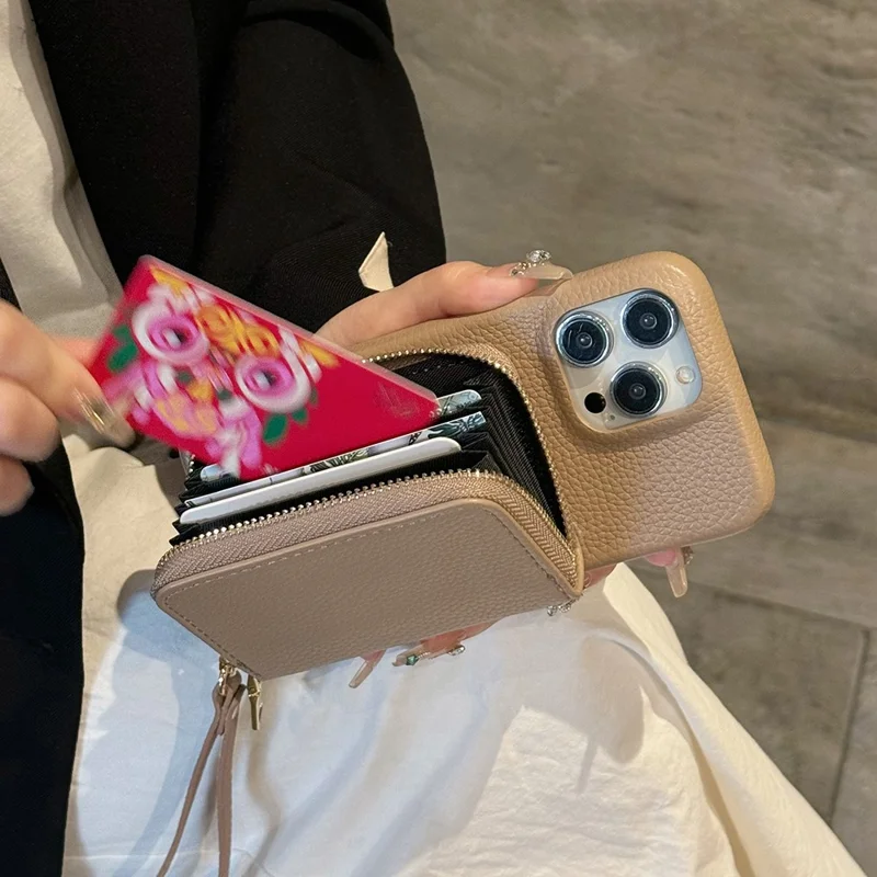 For iPhone 14 Pro Max Case Zipper Card Slots PU Leather Phone Back Cover with Wrist Strap - Light Brown