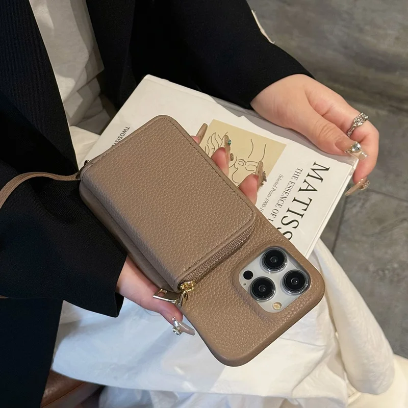 For iPhone 14 Pro Max Case Zipper Card Slots PU Leather Phone Back Cover with Wrist Strap - Light Brown