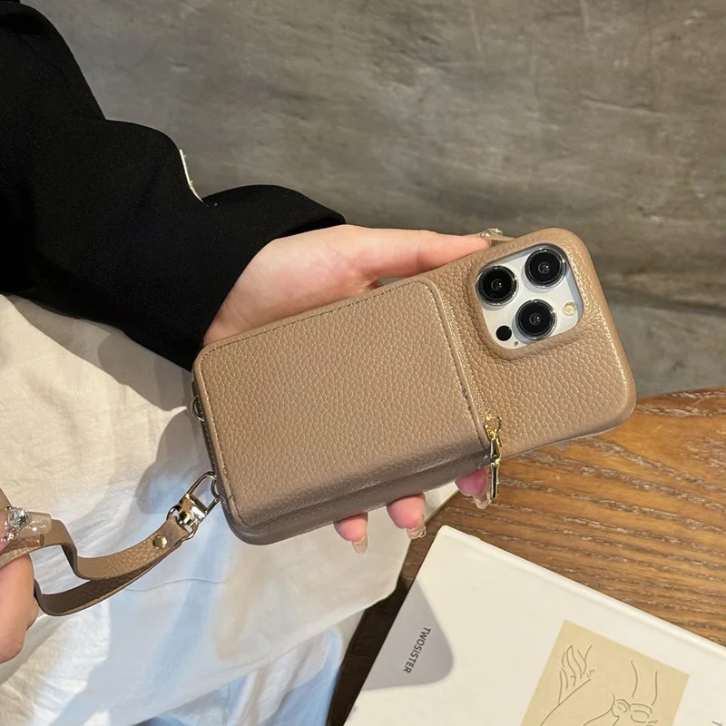 For iPhone 14 Pro Max Case Zipper Card Slots PU Leather Phone Back Cover with Wrist Strap - Light Brown