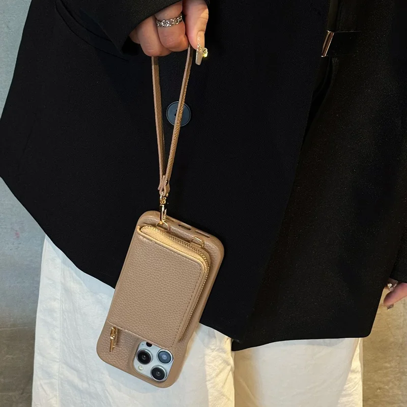 For iPhone 14 Pro Max Case Zipper Card Slots PU Leather Phone Back Cover with Wrist Strap - Light Brown