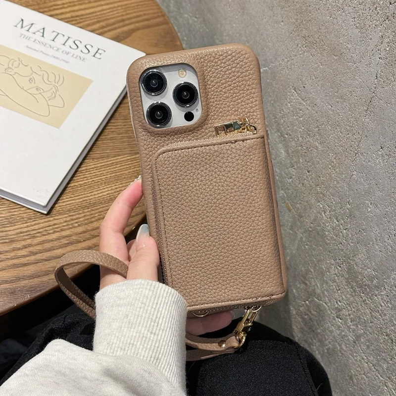 For iPhone 14 Pro Max Case Zipper Card Slots PU Leather Phone Back Cover with Wrist Strap - Light Brown