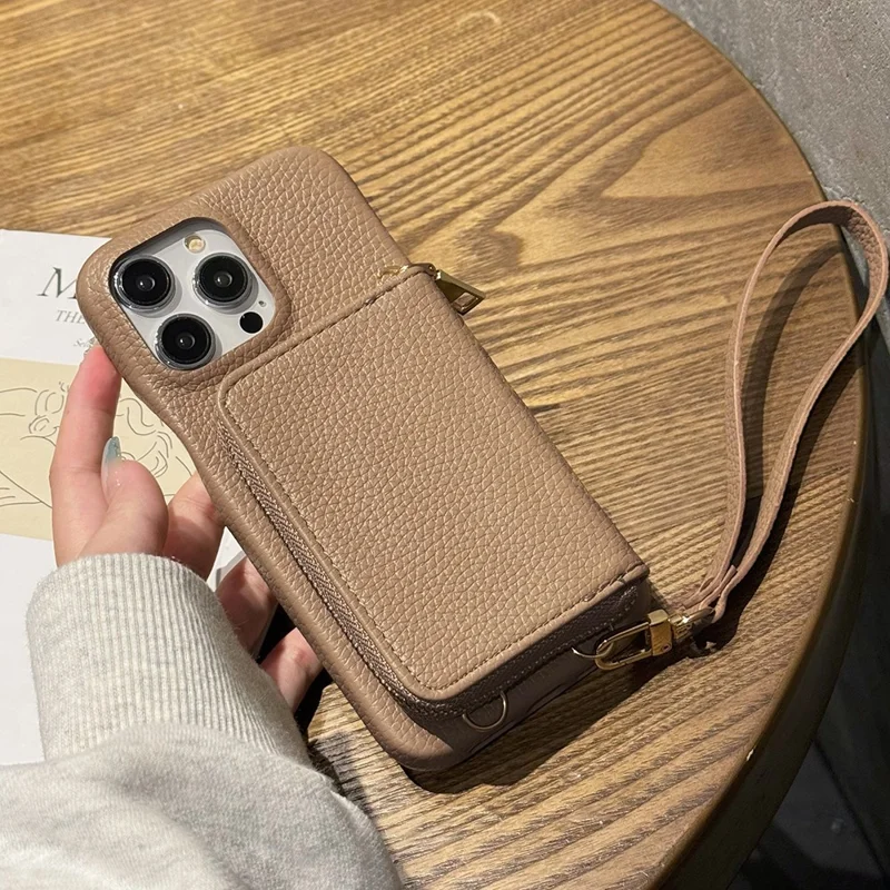 For iPhone 14 Pro Max Case Zipper Card Slots PU Leather Phone Back Cover with Wrist Strap - Light Brown