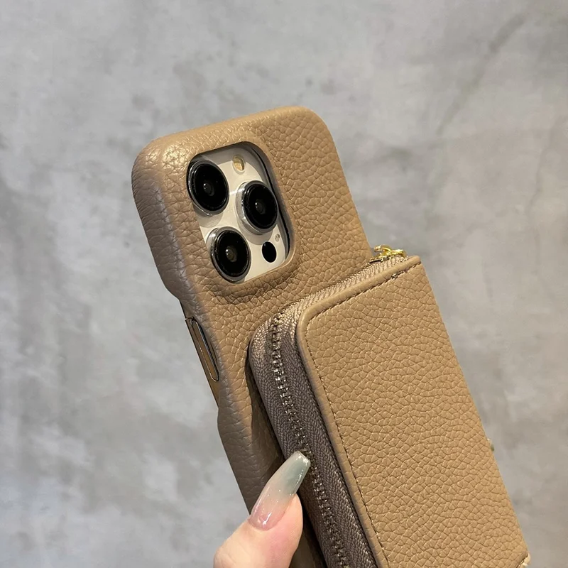 For iPhone 14 Pro Max Case Zipper Card Slots PU Leather Phone Back Cover with Wrist Strap - Light Brown