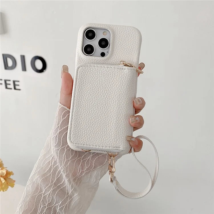 Custodia per iPhone 14 Pro con cerniera, slot per schede in pelle PU, cover posteriore per telefono con cinturino da polso - Bianco