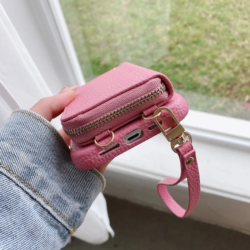 For iPhone 14 Pro Case Zipper Card Slots PU Leather Phone Back Cover with Wrist Strap - Pink