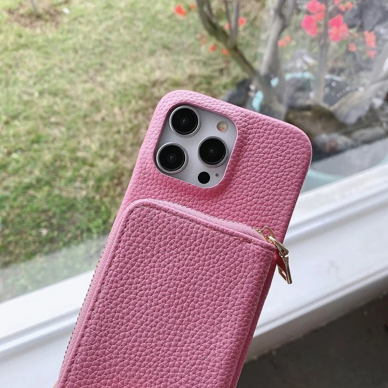 For iPhone 14 Pro Case Zipper Card Slots PU Leather Phone Back Cover with Wrist Strap - Pink
