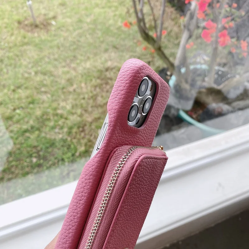 For iPhone 14 Pro Case Zipper Card Slots PU Leather Phone Back Cover with Wrist Strap - Pink