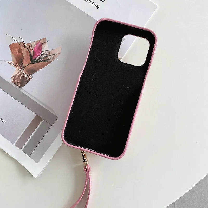 For iPhone 14 Pro Case Zipper Card Slots PU Leather Phone Back Cover with Wrist Strap - Pink