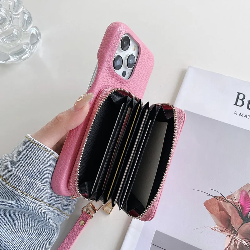 For iPhone 14 Pro Case Zipper Card Slots PU Leather Phone Back Cover with Wrist Strap - Pink