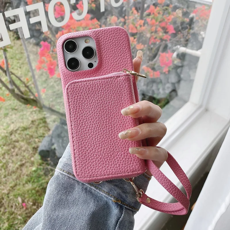 For iPhone 14 Pro Case Zipper Card Slots PU Leather Phone Back Cover with Wrist Strap - Pink