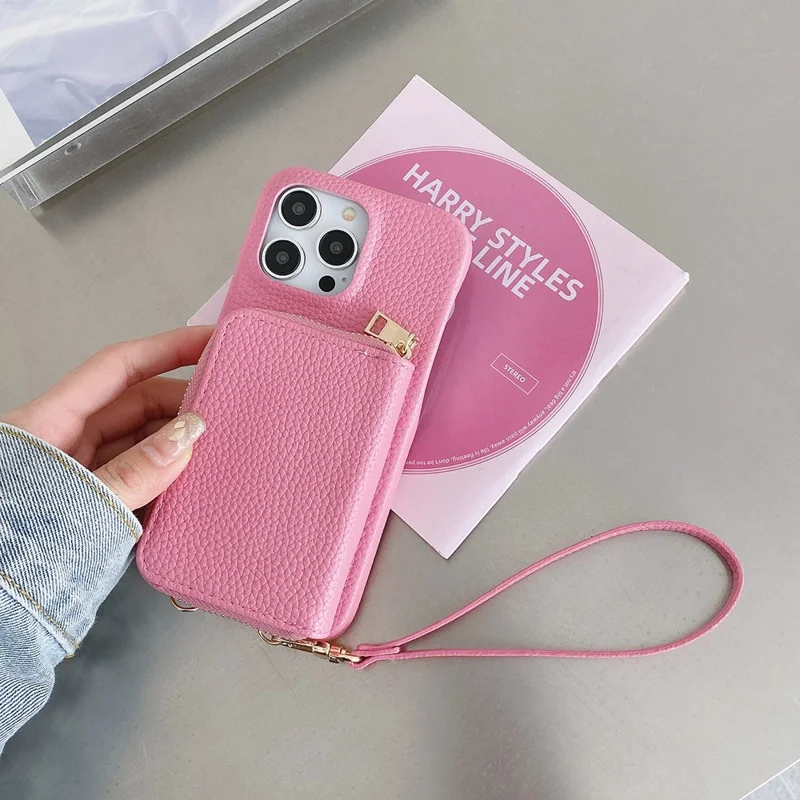 For iPhone 14 Pro Case Zipper Card Slots PU Leather Phone Back Cover with Wrist Strap - Pink