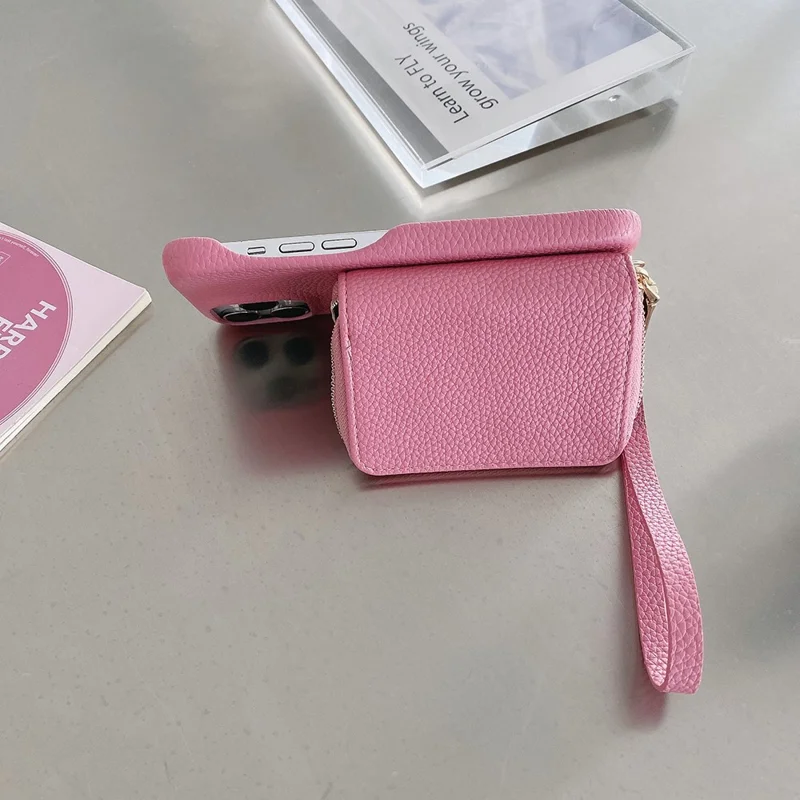 For iPhone 14 Pro Case Zipper Card Slots PU Leather Phone Back Cover with Wrist Strap - Pink