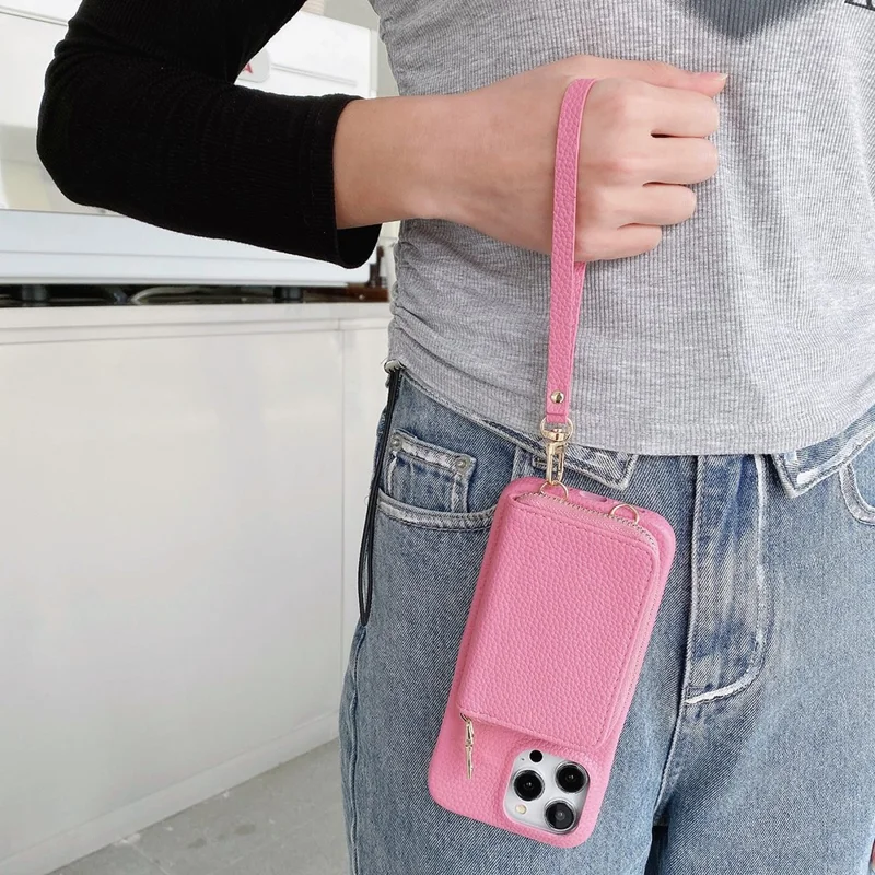 For iPhone 14 Pro Case Zipper Card Slots PU Leather Phone Back Cover with Wrist Strap - Pink