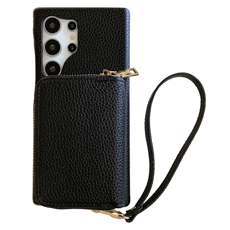 Funda para Samsung Galaxy S24 Ultra, con ranuras para tarjetas, de cuero PU con cremallera y correa para la muñeca - Negro