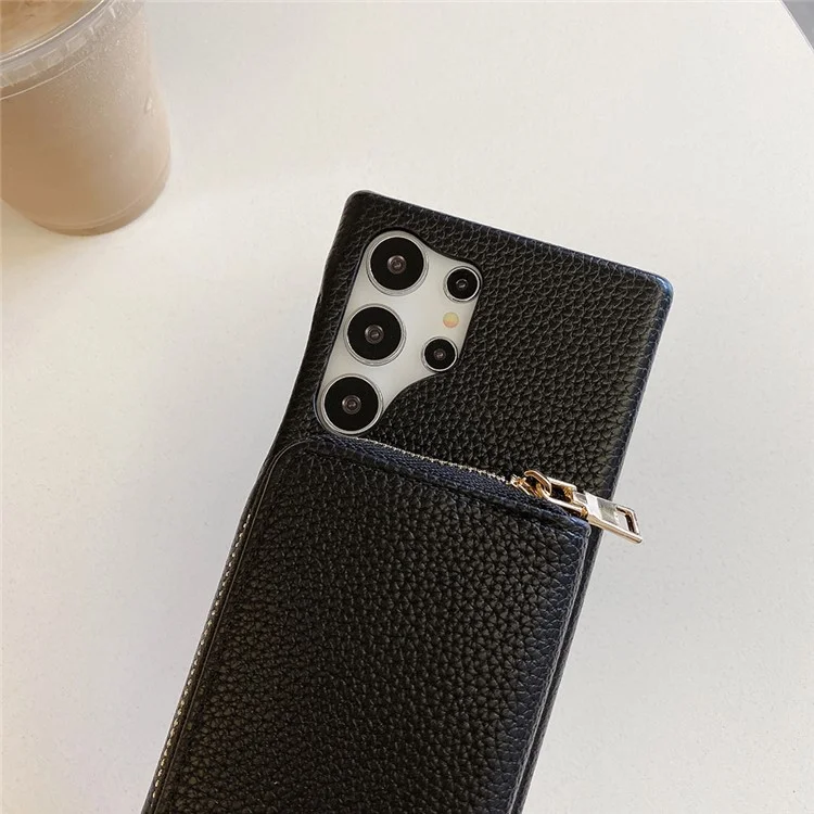 Funda para Samsung Galaxy S24 Ultra, con ranuras para tarjetas, de cuero PU con cremallera y correa para la muñeca - Negro