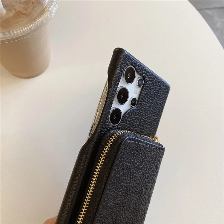 Funda para Samsung Galaxy S24 Ultra, con ranuras para tarjetas, de cuero PU con cremallera y correa para la muñeca - Negro