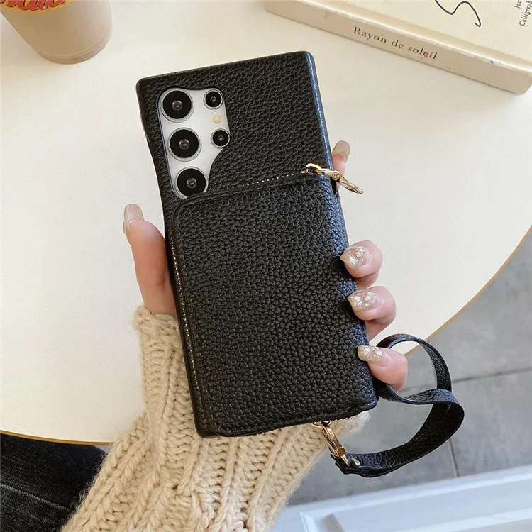 Funda para Samsung Galaxy S24 Ultra, con ranuras para tarjetas, de cuero PU con cremallera y correa para la muñeca - Negro
