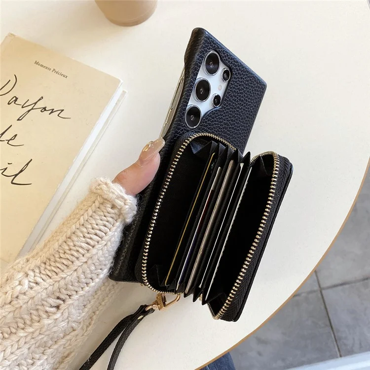 Funda para Samsung Galaxy S24 Ultra, con ranuras para tarjetas, de cuero PU con cremallera y correa para la muñeca - Negro
