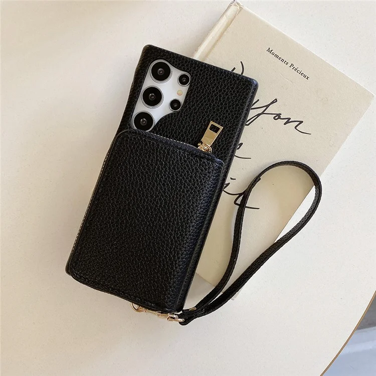 Funda para Samsung Galaxy S24 Ultra, con ranuras para tarjetas, de cuero PU con cremallera y correa para la muñeca - Negro