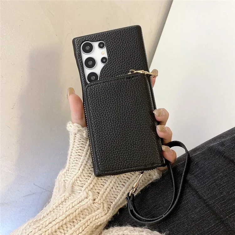 Funda para Samsung Galaxy S24 Ultra, con ranuras para tarjetas, de cuero PU con cremallera y correa para la muñeca - Negro