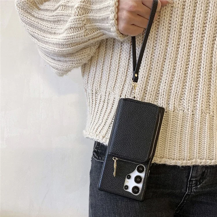 Funda para Samsung Galaxy S24 Ultra, con ranuras para tarjetas, de cuero PU con cremallera y correa para la muñeca - Negro