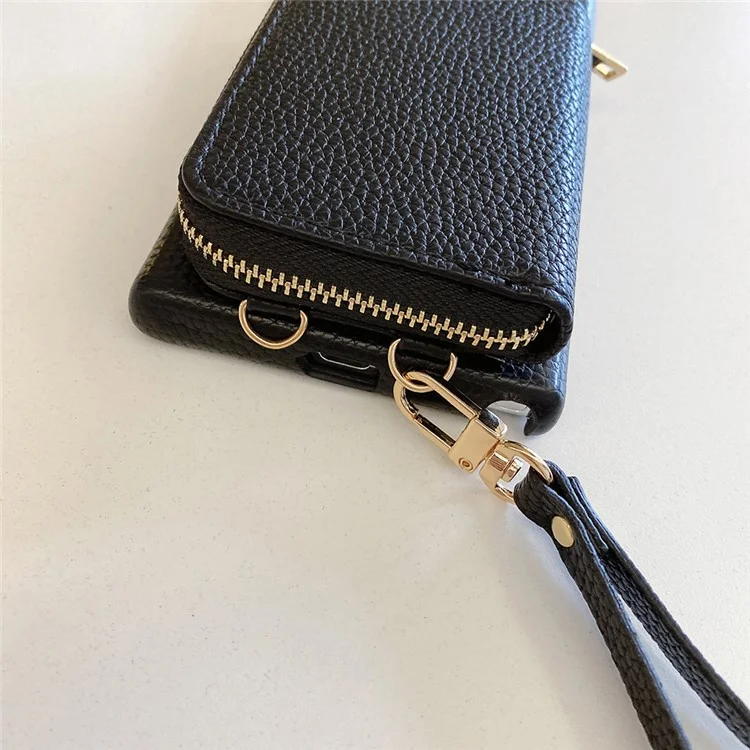 Funda para Samsung Galaxy S24 Ultra, con ranuras para tarjetas, de cuero PU con cremallera y correa para la muñeca - Negro