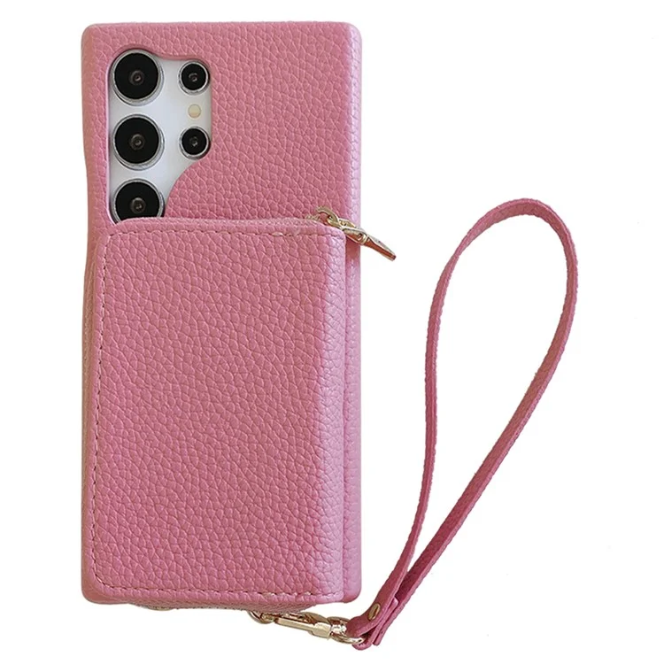 Funda para Samsung Galaxy S25 Ultra con ranuras para tarjetas y cremallera, cubierta trasera de piel sintética con correa para la muñeca - Rosa