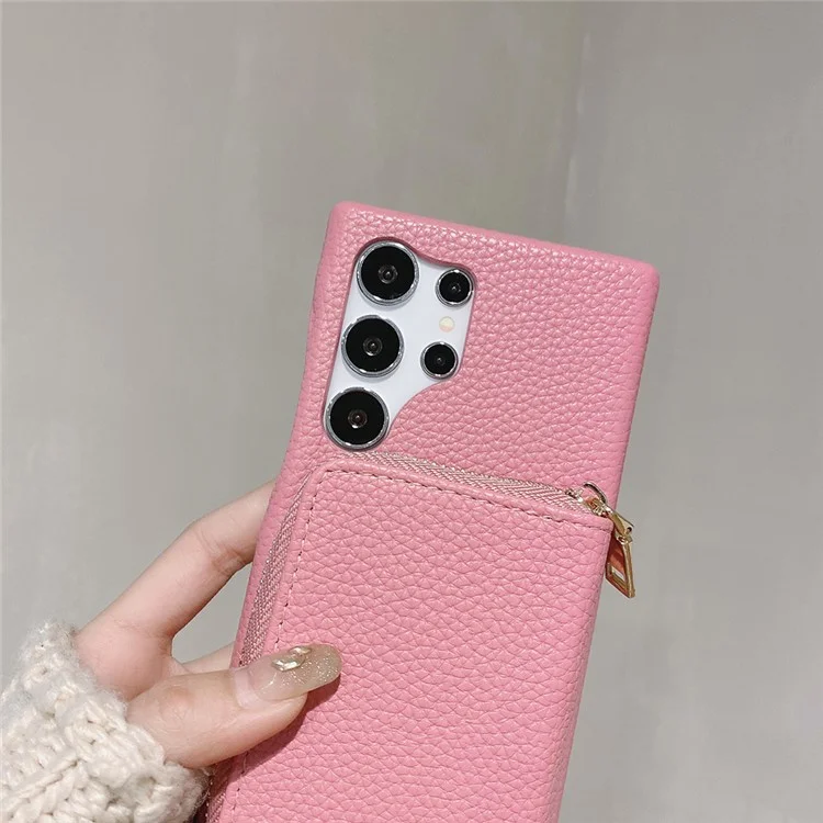 Funda para Samsung Galaxy S25 Ultra con ranuras para tarjetas y cremallera, cubierta trasera de piel sintética con correa para la muñeca - Rosa