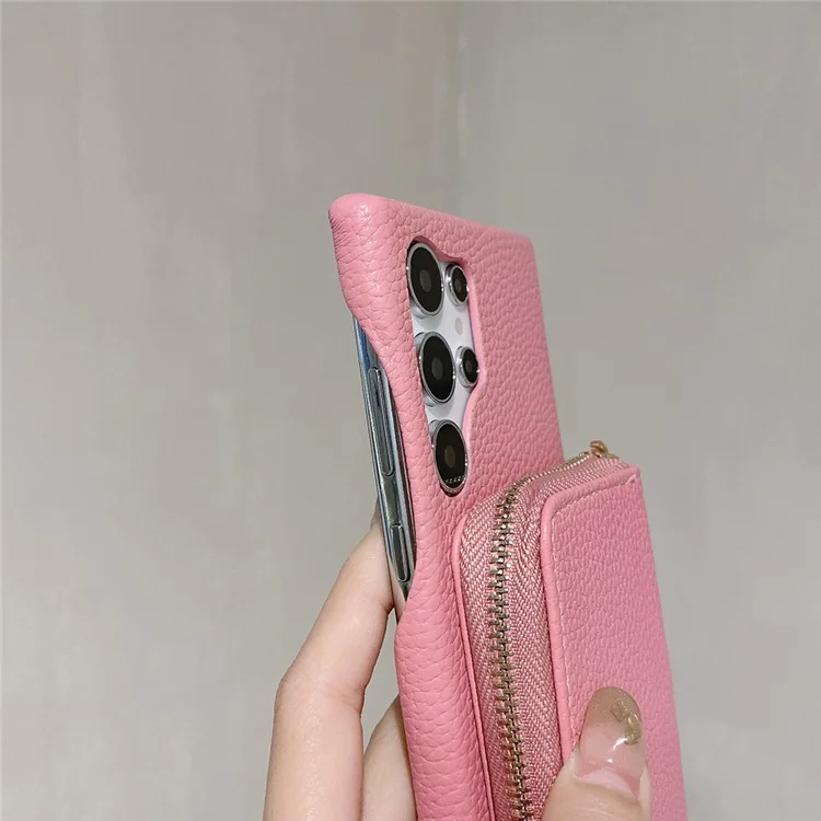 Funda para Samsung Galaxy S25 Ultra con ranuras para tarjetas y cremallera, cubierta trasera de piel sintética con correa para la muñeca - Rosa