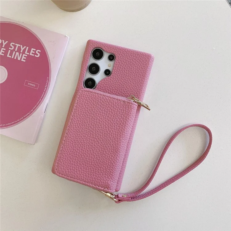Funda para Samsung Galaxy S25 Ultra con ranuras para tarjetas y cremallera, cubierta trasera de piel sintética con correa para la muñeca - Rosa